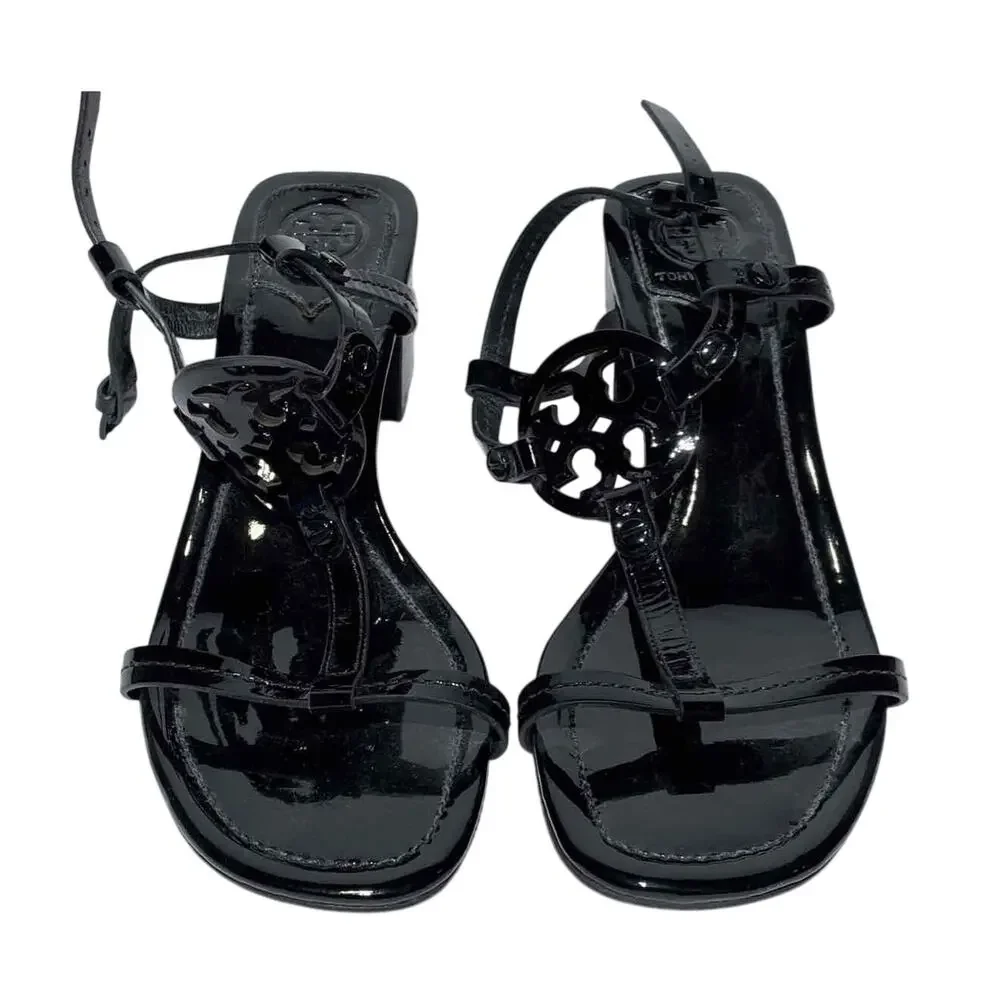 TORY BURCH Miller Block Heel Sandal In Black Patent Size 7M $298